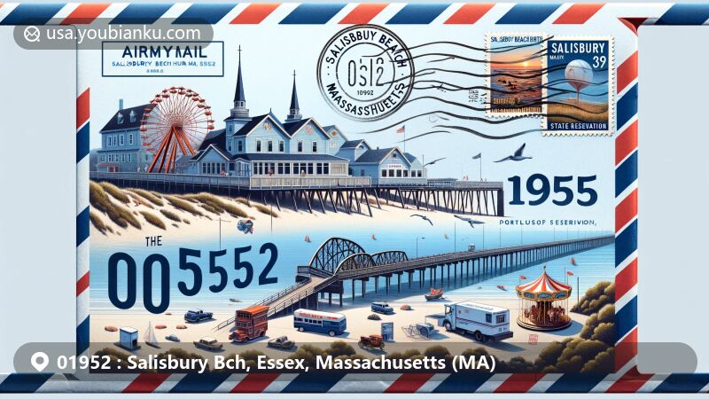 Modern illustration of Salisbury Beach, Massachusetts, capturing postal theme with ZIP code 01952, featuring iconic landmarks like Salisbury Beach Boardwalk, Andrew J. Gillis Memorial Bridge, Salisbury Beach State Reservation, and Salisbury Beach Carousel.