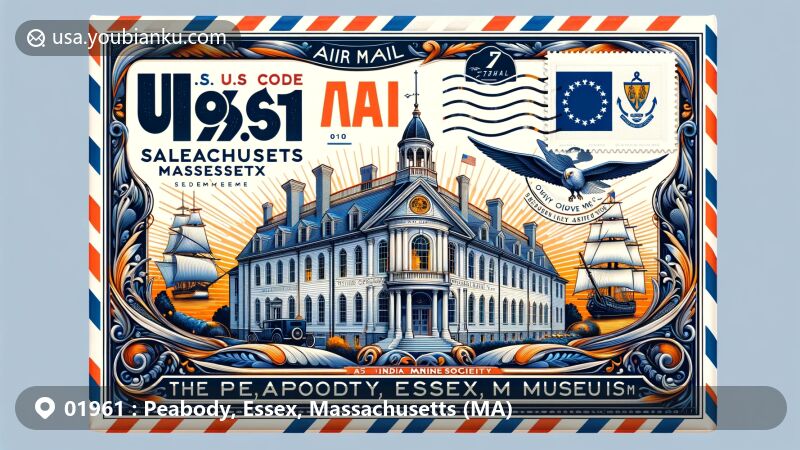 Modern illustration of Peabody, Essex, Massachusetts, showcasing Peabody Essex Museum and maritime history, featuring Massachusetts state flag design.