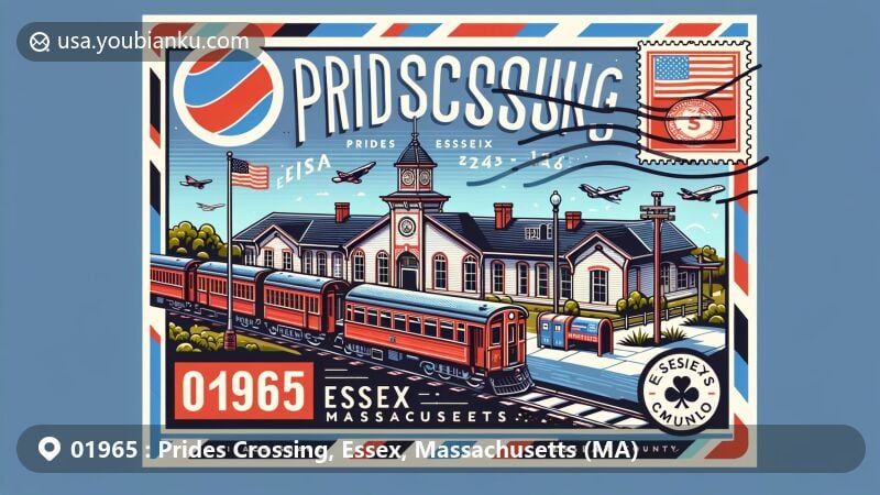 Modern illustration of Prides Crossing, Essex County, Massachusetts, featuring historic train station, Landmark School, MA state flag, Essex County symbol, and postal elements like ZIP Code 01965.