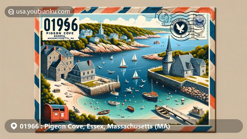 Modern illustration of Pigeon Cove, Essex, Massachusetts (MA), capturing the beauty of the harbor with Old Castle and Paper House, set against the backdrop of Halibut Point's rocky coast.