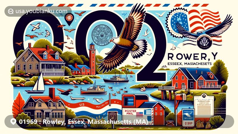 Colorful illustration of Rowley, Essex, Massachusetts, capturing postal theme with postcard, air mail envelope, stamps, postmark, and mailbox, highlighting local landmarks like Parker River National Wildlife Refuge, Mill River Winery, and historic homes.