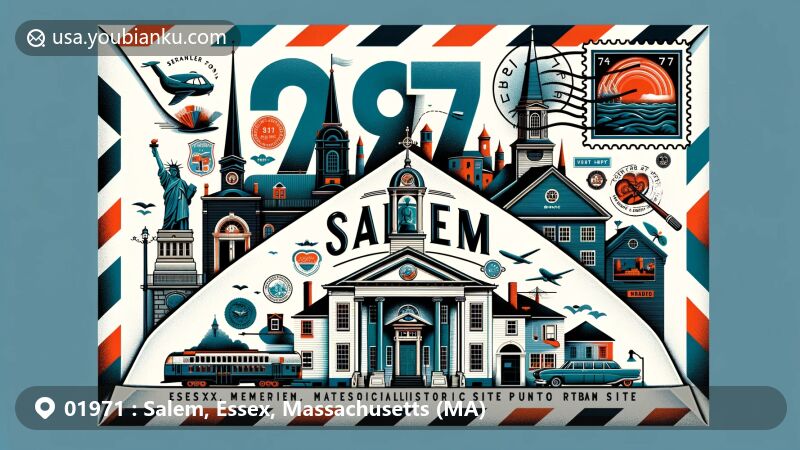 Modern illustration of Salem, Essex, Massachusetts, showcasing a creative airmail envelope design with postage theme and ZIP code 01971, featuring iconic landmarks like McIntire Historic District, Salem Maritime National Historic Site, Punto Urban Art murals, Custom House, House Of The Seven Gables, and Witch Trials Memorial.