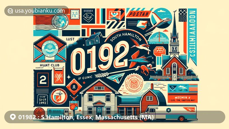 Modern illustration of South Hamilton, Essex County, Massachusetts, highlighting postal theme with elements like postcard, airmail envelope, postage stamp, ZIP code 01982, mailbox, and mail truck, featuring Myopia Hunt Club and Community House.