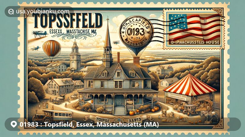 Modern illustration of Topsfield, Essex, Massachusetts, showcasing vintage airmail envelope with Parson Capen House, Topsfield Town Common Historic District, Topsfield Fair, and natural beauty of rolling hills and Ipswich River Wildlife Sanctuary, featuring Massachusetts state flag and 'Topsfield, MA 01983' postal seal.