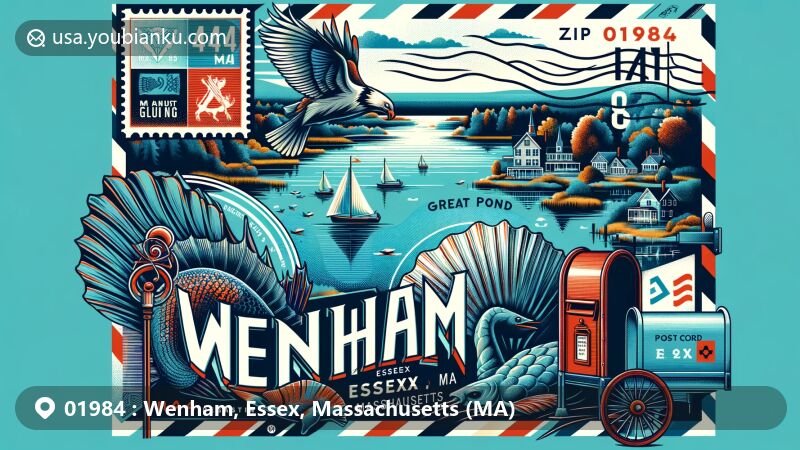 Modern illustration of Wenham, Essex County, Massachusetts, capturing scenic Great Pond and iconic Sacred Cod symbol, featuring Bay State Tartan pattern and postal elements with vintage stamps and mailboxes.