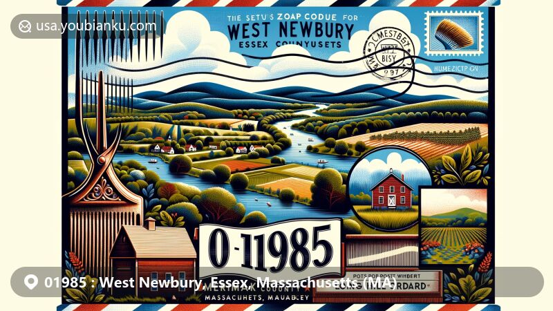 Modern illustration of West Newbury, Essex County, Massachusetts, with ZIP code 01985, featuring picturesque hills, rural landscapes, Merrimack River, historical comb making industry, Long Hill Orchard, and postal elements like postage stamp and mailbox.