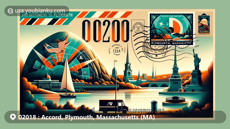 Illustration of Plymouth Rock and National Monument to the Forefathers in Accord, Plymouth County, Massachusetts, postal theme with ZIP code 02018, featuring Accord Pond and Massachusetts state flag.