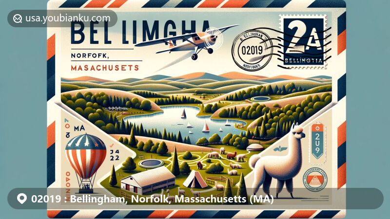 Modern illustration of Bellingham, Norfolk, Massachusetts, showcasing postal theme with ZIP code 02019, featuring New England Country Club, Urban Air Trampoline Park, Silver Lake surrounded by forests and hills, Quissett Hill Farm's alpacas, and scenic landscape.