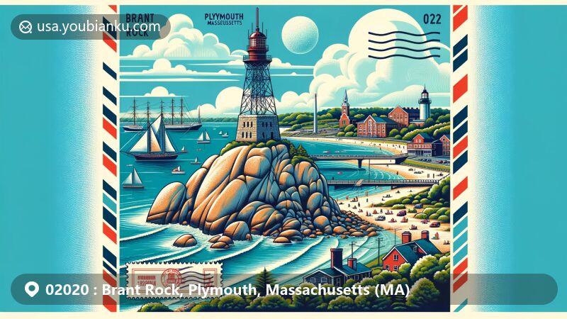 Illustration of Brant Rock, Massachusetts, showcasing beach landscape, radio broadcast monument, Mayflower II, Plymouth Rock, and modern postal theme with ZIP code 02020.