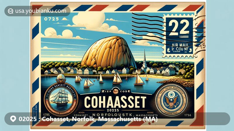 Modern illustration of Cohasset, Norfolk, Massachusetts (MA), featuring air mail envelope showcasing ZIP code 02025, with Bigelow Boulder and Cohasset Harbor in background, incorporating state symbols like flag and Bay State Tartan.