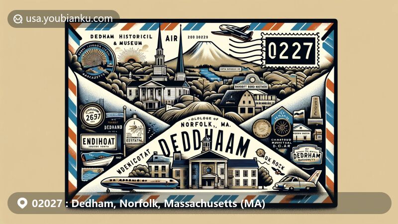 Modern illustration of Dedham, Norfolk, Massachusetts, showcasing postal theme with ZIP code 02027, featuring Dedham Historical Society & Museum, Endicott Estate, Wilson Mountain, Mother Brook, and Dedham Community Theatre.