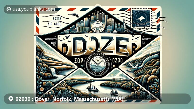 Modern illustration of Dover, Norfolk, Massachusetts, showcasing ZIP code 02030 on an airmail envelope with scenic Noanet and Chase Woodlands, state flag, Norfolk County map, vintage postage elements, and creative postal theme.