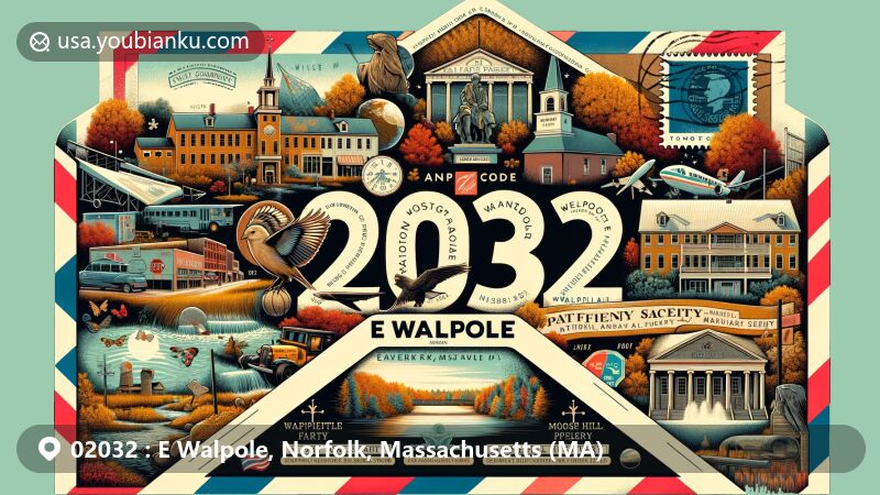 Modern illustration of E Walpole, Norfolk, Massachusetts, featuring collage of local landmarks like Adams Farm, Walpole Historical Society, Gillette Stadium, and Moose Hill Wildlife Sanctuary, along with postal elements and ZIP code 02032.