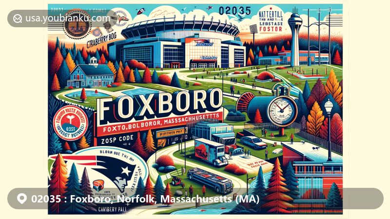 Modern illustration of Foxboro, Massachusetts, featuring The Patriots Hall of Fame, Gillette Stadium, The Nature Trail and Cranberry Bog, Patriot Place, F. Gilbert Hills State Forest, and postal theme with ZIP code 02035.