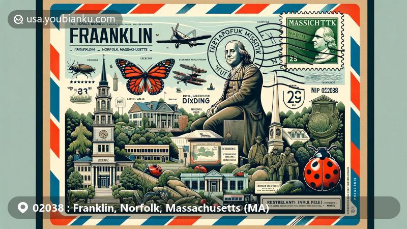 Modern illustration of Franklin, Norfolk, Massachusetts, showcasing postal theme with ZIP code 02038, featuring historical statues, war memorial, Franklin State Forest, DelCarte Conservation Area, Franklin Public Library, ladybug motif, postal elements, and Massachusetts state outline.