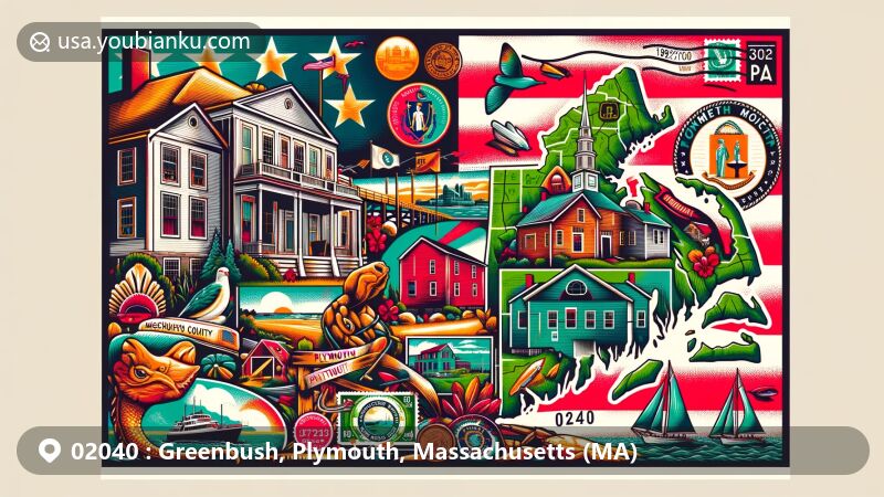 Contemporary illustration of Greenbush, Plymouth, Massachusetts, capturing postal theme with ZIP code 02040, featuring Massachusetts state flag, Plymouth County outline, Greenbush city name, Plymouth Rock, Plimoth Patuxet symbols, and Old Oaken Bucket House silhouette.