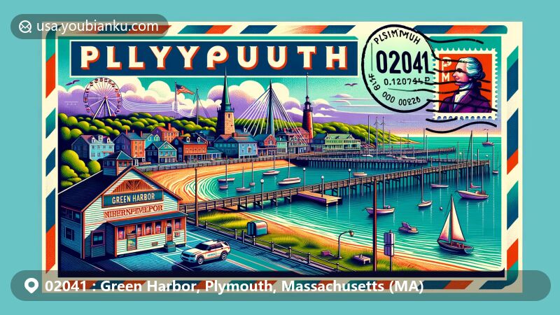 Modern illustration of Greenport, ZIP code 02041, featuring beach landscape with wooden pier and harbor, incorporating Plymouth landmarks like Plymouth Rock, Grist Mill, and Pilgrim Monument. Postal elements in foreground with postmark, stamp with '02041', and envelope border scene. Vibrant and detailed artwork suitable for web display, accurately spelling out town name and postal code.