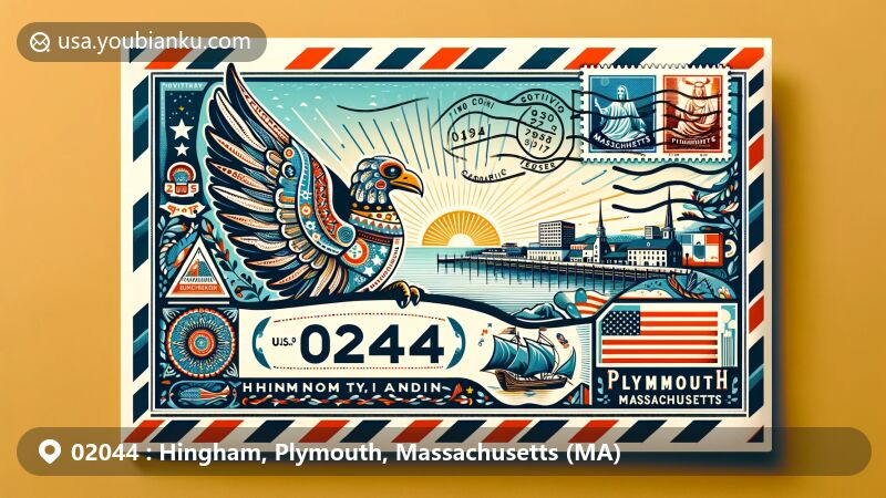 Modern illustration of Hingham and Plymouth, Massachusetts, showcasing state flag with Native American heraldry, Hingham Town Landing, and Plymouth's cultural elements, within a colorful airmail envelope featuring ZIP code 02044.