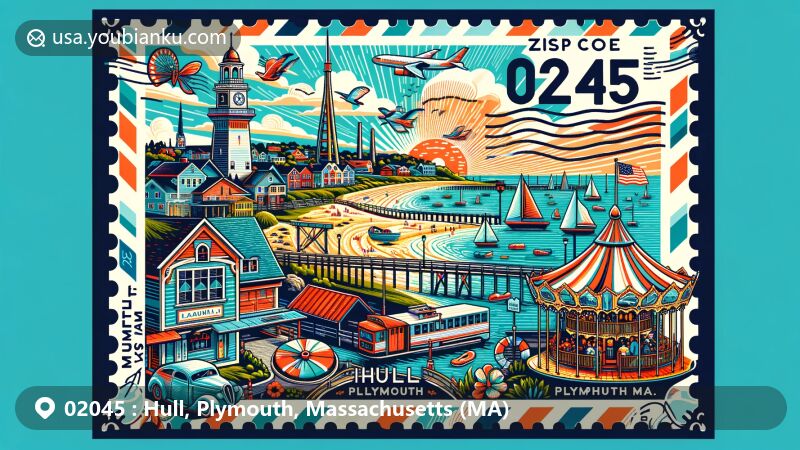 Modern illustration of Hull, Plymouth County, Massachusetts, displaying postal theme with ZIP code 02045, featuring Paragon Park’s historic carousel, Nantasket beaches, Fort Revere, Plymouth Rock, and Plimouth Grist Mill.