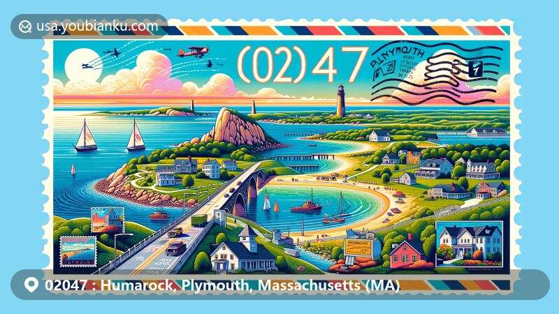 Modern illustration of Humarock, Plymouth, Massachusetts, portraying the scenic peninsula landscape, bridges, beach, and ocean, with iconic Plymouth Rock in the background. Incorporates a postal theme with airmail envelope, '02047' postmark, and postage stamps showcasing Humarock views.