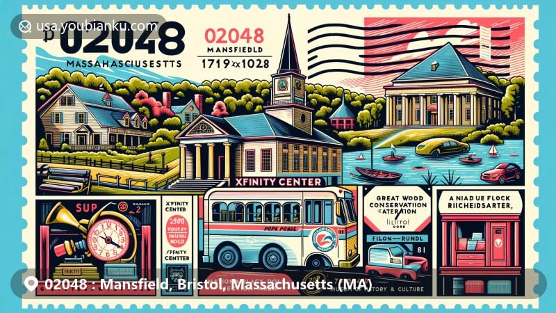 Modern illustration of Mansfield, Bristol County, Massachusetts, highlighting postal theme with ZIP code 02048, featuring Xfinity Center, Great Woods Conservation Area, Fisher-Richardson House, Fulton Pond, and National Black Doll Museum of History & Culture.
