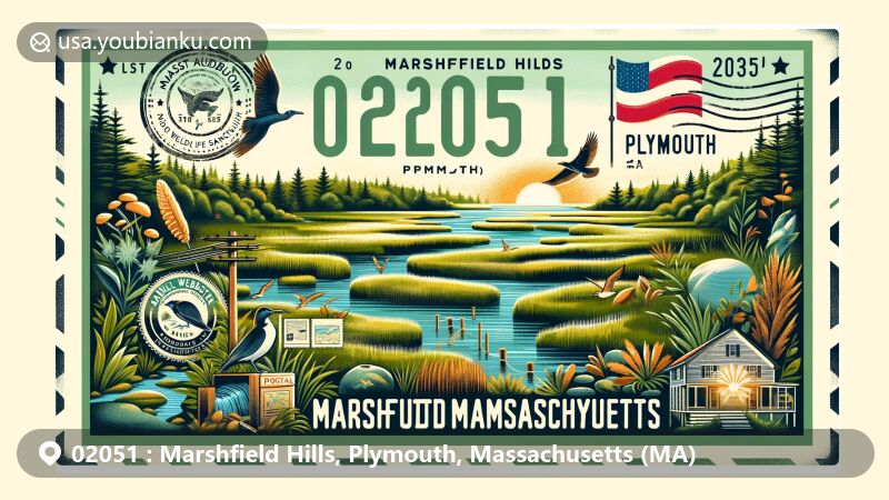 Modern illustration of Marshfield Hills, Plymouth County, Massachusetts, representing postal theme with ZIP code 02051, featuring Daniel Webster Wildlife Sanctuary and North River Wildlife Sanctuary.