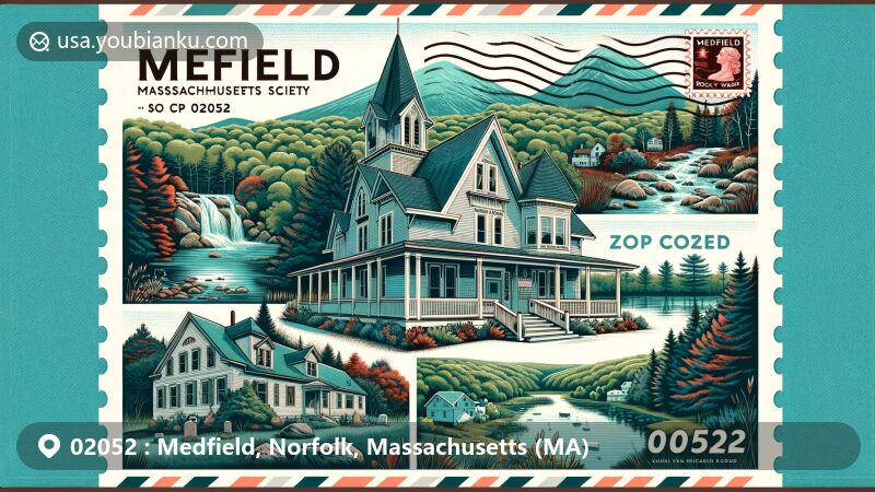 Modern illustration of a postcard designed for ZIP code 02052, showcasing landmarks of Medfield, Massachusetts - Peak House, historical building, Rocky Woods, Vine Lake Cemetery. Postal theme with '02052' stamp and postmark.