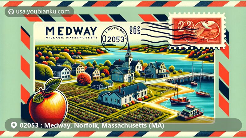 Modern illustration of Medway, Massachusetts, featuring Medway Village Historic District, Fairmount Fruit Farm apple trees, and Lake Winthrop, with vintage postal theme including ZIP code 02053.