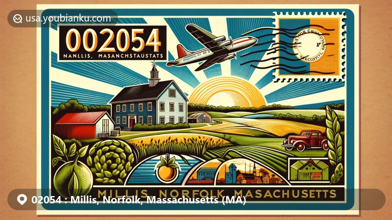 Modern illustration of Millis, Norfolk County, Massachusetts, highlighting postal theme with ZIP code 02054, featuring Tangerini's Farm's pastoral beauty, seasonal fruit picking, and Massachusetts state flag.