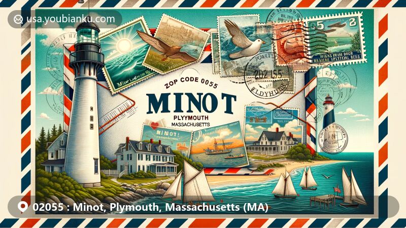 Modern illustration of Minot area, Plymouth County, Massachusetts, capturing postal theme with vintage airmail envelope featuring Minot's Ledge Light, beach scene, and Plymouth landmarks.