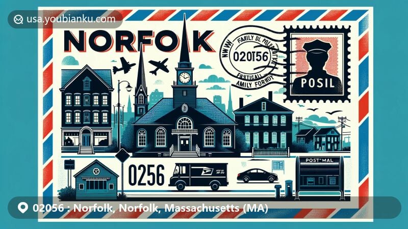 Modern illustration of Norfolk, MA, showcasing postal theme with ZIP code 02056, featuring school and public library elements, emphasizing family-friendly community vibe.