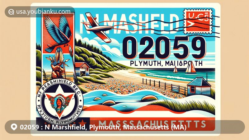 Modern illustration of N Marshfield, Plymouth, Massachusetts, featuring Rexhame Beach's natural beauty and vintage airmail envelope showcasing ZIP code 02059 and Massachusetts state symbols.