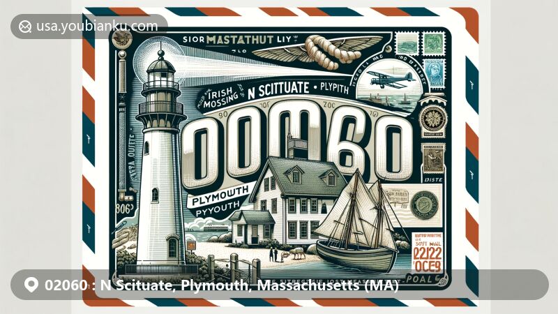 Modern illustration of N Scituate, Plymouth, Massachusetts, highlighting postal theme with ZIP code 02060, featuring Scituate Lighthouse, Old Oaken Bucket, and references to Irish mossing industry and maritime activities.