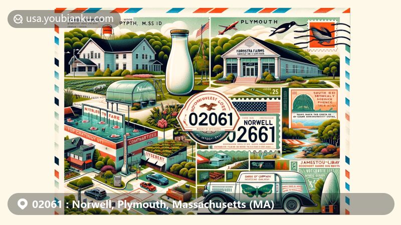 Modern illustration of Norwell, Plymouth, Massachusetts, with Hornstra Farms symbolizing agricultural richness, James Library & Center for the Arts portraying cultural aspect, and South Shore Natural Science Center showcasing environmental commitment.