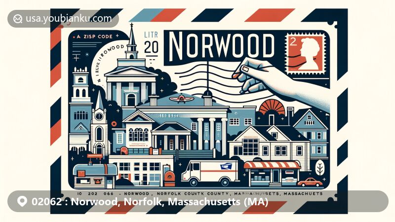 Modern illustration of Norwood, Norfolk County, Massachusetts, featuring postal theme with ZIP code 02062, showcasing diverse community, educational significance, and cultural heritage in the Greater Boston area.