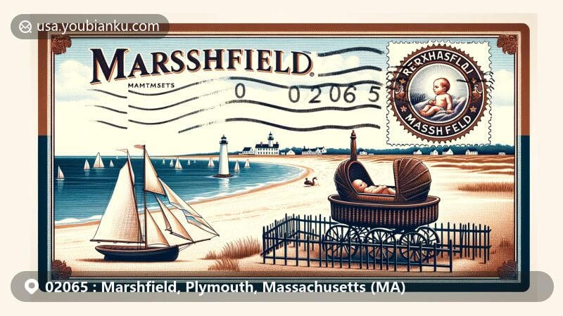 Modern illustration of Marshfield, Massachusetts, showcasing Rexhame Beach and a postcard with Peregrine White's cradle, representing the town's early American history. Stamp with '02065' and Marshfield name, along with traditional postmark. New England coastal elements like lighthouse included.