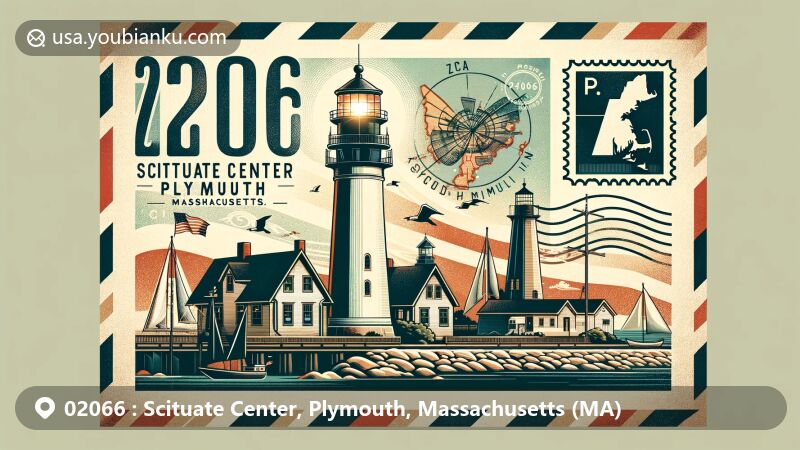 Modern illustration of Scituate Center, Plymouth County, Massachusetts, highlighting postal theme with ZIP code 02066, featuring Scituate Lighthouse, historic landmarks, and stylized map of Massachusetts.