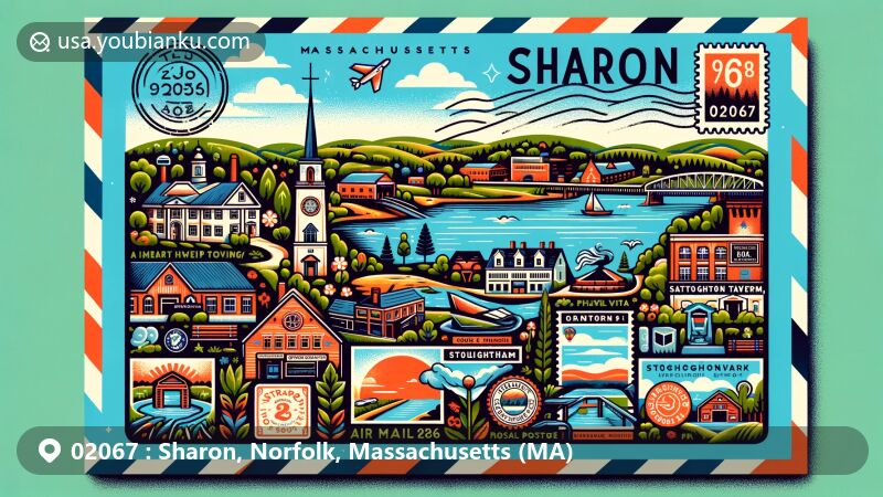 Vibrant illustration of Sharon, Massachusetts, showcasing Lake Massapoag, historic landmarks like Cobb's Tavern and Stoneholm, and community elements like local events or festivals, featuring postal theme with prominent ZIP code 02067.