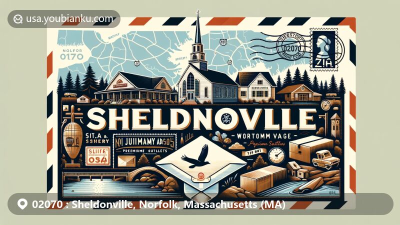 Modern illustration of Sheldonville, Norfolk, MA, showcasing a vintage airmail envelope with key landmarks and cultural symbols, including Sheldonville Baptist Church, Miscoe Lake, Wrentham Village Premium Outlets, and Stony Brook Wildlife Sanctuary.