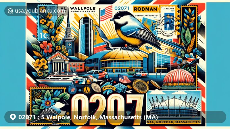 Modern illustration of S Walpole, Norfolk, Massachusetts, showcasing postal theme with ZIP code 02071, featuring All Nations Worship Center, Rodman Arena, Massachusetts state flag, Black-capped Chickadee, and Mayflower symbols.