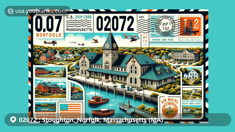 Vintage-style illustration of Stoughton, Norfolk County, Massachusetts, capturing historic train station with clock tower, local landmarks, natural beauty of lakes and forests, and postal elements like stamps and ZIP code 02072.