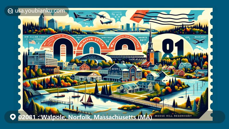 Modern illustration of Walpole, Norfolk County, Massachusetts, featuring key landmarks like Walpole Historical Society, scenic Walpole Town Forest, Gillette Stadium, Moose Hill Wildlife Sanctuary, and Moose Hill Farm. Emphasizing Noon Hill Reservation and Boston's cultural references.