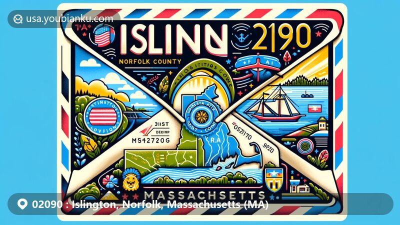 Modern illustration of Islington, Norfolk, Massachusetts (MA), representing ZIP code 02090 with postal theme, featuring stylized map of Norfolk County, iconic symbols of Massachusetts, and natural beauty elements.