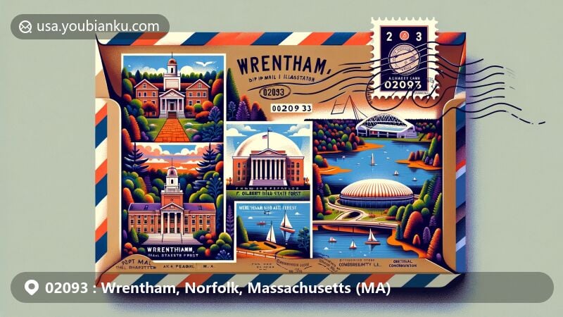 Vibrant illustration of Wrentham, Norfolk, Massachusetts, showcasing postal theme with ZIP code 02093, featuring key landmarks like Lake Pearl, F. Gilbert Hills State Forest, and Gillette Stadium.