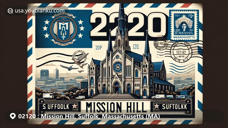 Modern illustration of Mission Hill, Suffolk, Massachusetts, showcasing vintage airmail envelope with iconic Our Lady of Perpetual Help Basilica, Massachusetts state flag elements, and bold ZIP code 02120, featuring classic postal stamps and postmark.