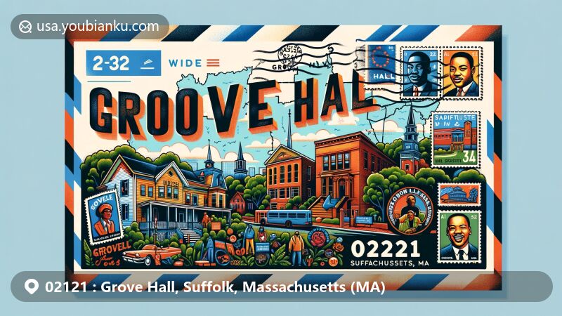 Modern illustration of Grove Hall, Suffolk County, Massachusetts, featuring state flag, county map, iconic landmarks including murals of Malcolm X and Martin Luther King Jr., colonial and African American historical sites, and vintage air mail envelope design with ZIP code 02121.