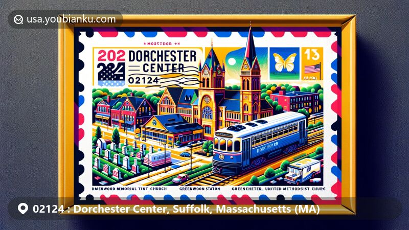 Modern illustration of Dorchester Center, Suffolk, Massachusetts, resembling an air mail envelope with a blend of local landmarks like Ashmont Station, Greenwood Memorial United Methodist Church, Dorchester North Burying Ground, and architectural styles Queen Anne and Romanesque Revival, featuring postal elements including stamps, postmarks, and vintage postal van with ZIP code 02124.