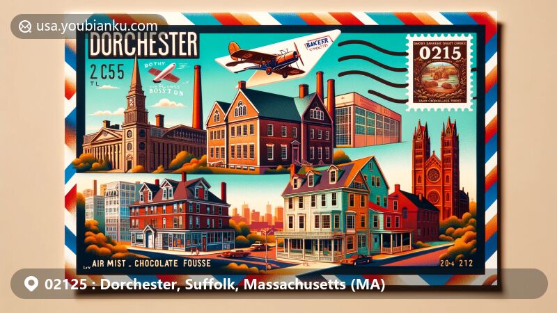 Modern illustration of Dorchester, Suffolk County, Massachusetts, showcasing historic James Blake House, Baker Chocolate Factory, and First Parish Church, highlighting diverse architecture and Native American heritage, with classic airmail design.