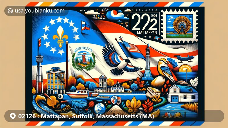 Modern illustration of Mattapan area, Suffolk County, Massachusetts, featuring Massachusetts state symbols like flag, Mayflower, American Elm, and Chickadee, showcasing diverse cultural influences including Haitian, African American, Caribbean communities, and Native American quarry.