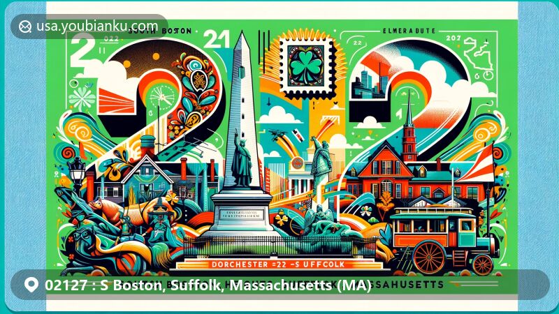 Modern illustration of South Boston, Suffolk, Massachusetts, featuring Dorchester Heights Monument, St. Patrick's Day Parade elements, and postal theme with ZIP code 02127.